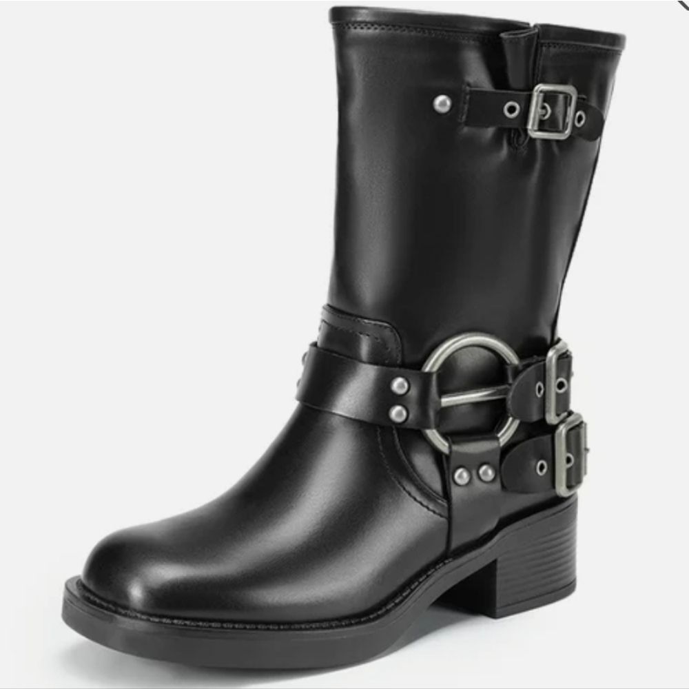 Dream Pairs Buckle Motorcycle Mid-Calf Boots Black NIB Size 9